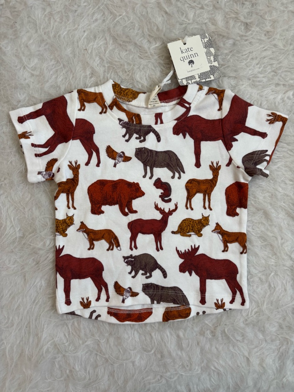 Kate Quinn White Organic Cotton Short Sleeve Tee with Forest Animal AOP